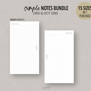 Op de afbeelding: Een printbare bundel met 15 verschillende formaten notitiepagina's met raster en stippenraster. De pagina's zijn blanco en klaar om te worden gevuld met notities, ideeën of schetsen. De tekst "Simple Notes Bundle" staat bovenaan de afbeelding. De tekst "Grid & Dot Grid" staat onder de titel. De tekst "15 Sizes in 1 Purchase" staat in een cirkel rechtsboven in de afbeelding. De tekst "Fillable Printable PDF" staat aan de rechterkant van de afbeelding.