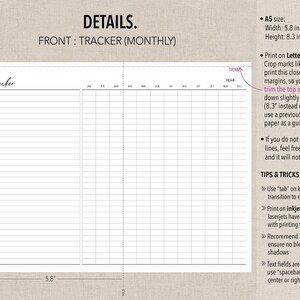 May include: A black and white printable monthly tracker with the word "Tracker" at the top. The tracker is designed for A5 size paper, which is 5.8 inches wide and 8.3 inches high. The printable includes instructions for trimming the paper to the correct size and tips for printing.