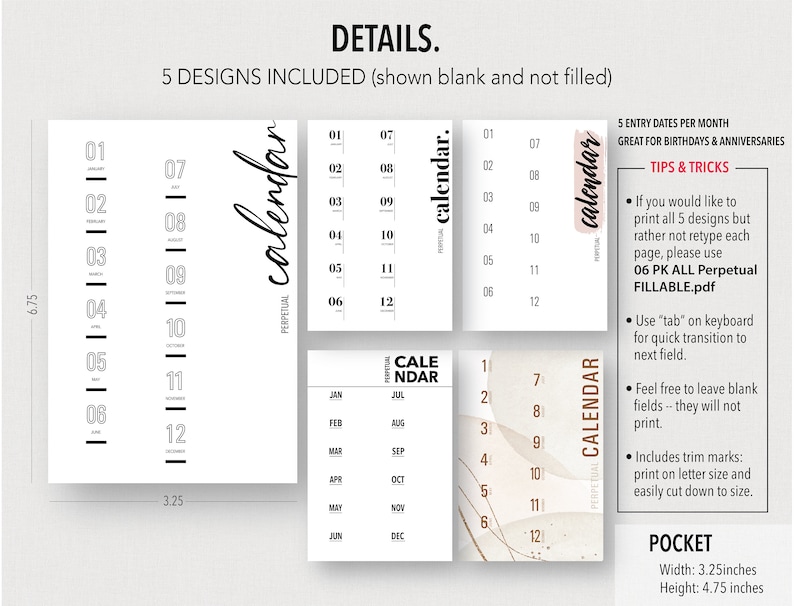 POCKET FILLABLE PERPETUAL Calendar Bundle Fillable & Etsy