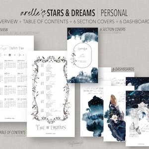 Può includere: Un set di planner stampabili con un tema celeste. Il set include una panoramica dell'anno, un indice, sei copertine di sezione e sei dashboard. Le copertine e i dashboard presentano illustrazioni ad acquerello di stelle, nuvole e una luna.
