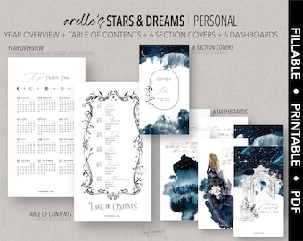 May include: A printable planner set with a celestial theme. The set includes a year overview, table of contents, six section covers, and six dashboards. The covers and dashboards feature watercolor illustrations of stars, clouds, and a moon.