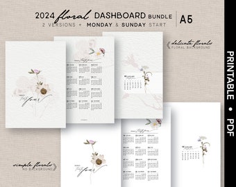 A5 *FLORAL* 2024 Dashboard Bundle | Printable | Calendar | Sunday+Monday Start