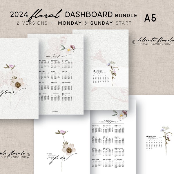 A5 *FLORAL* 2024 Dashboard Bundle | Printable | Calendar | Sunday+Monday Start