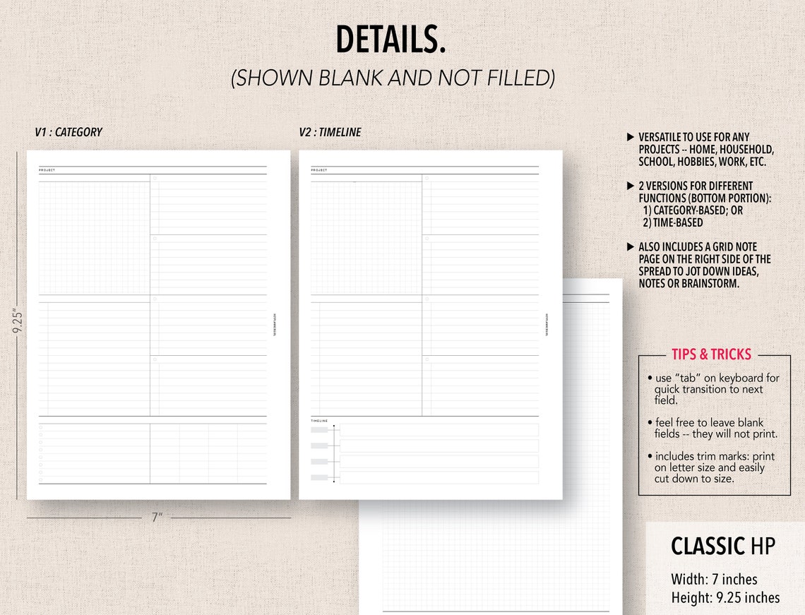 CLASSIC_HP FILLABLE PROJECTS Insert Fillable &amp; Printable - Etsy