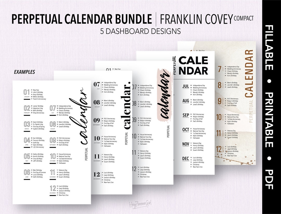 FRANKLIN COVEY Compact *FILLABLE* Perpetual Calendar Bundle | Fillable ...