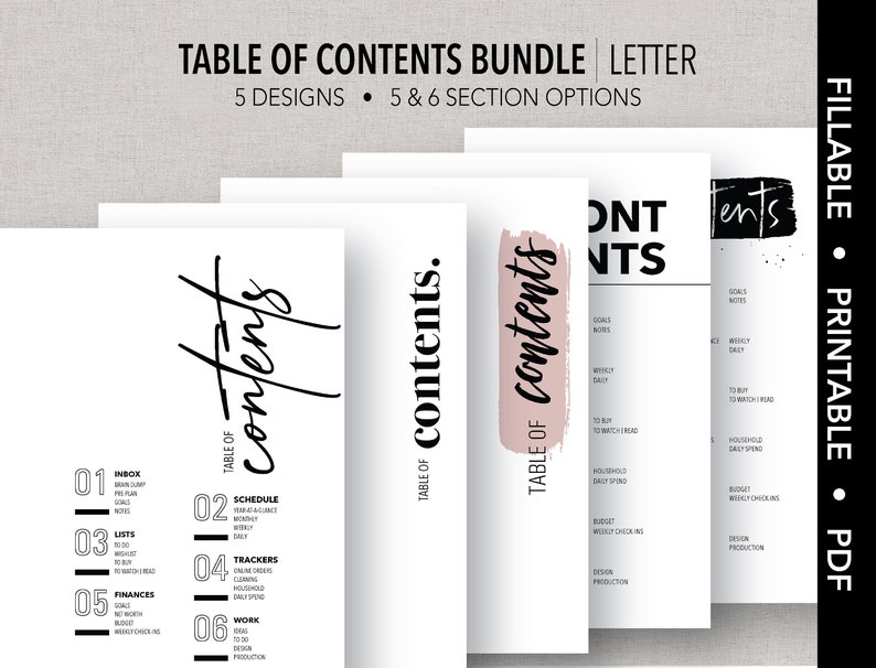 LETTER *FILLABLE* Table of Contents Bundle | Fillable & Printable ...