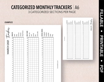 A6 *FILLABLE* CATEGORIZED Monthly Trackers | Fillable & Printable | 3 Categorized Sections Per Page