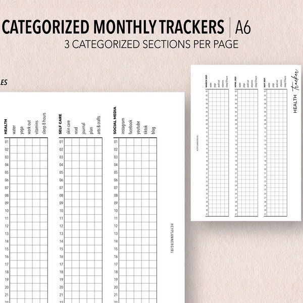 A6 *FILLABLE* CATEGORIZED Monthly Trackers | Fillable & Printable | 3 Categorized Sections Per Page