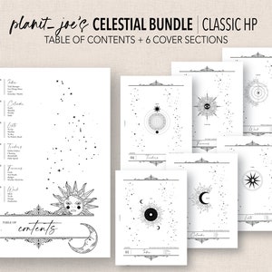 May include: A black and white Celestial Bundle for Classic HP planners. The bundle includes a table of contents and six cover sections. The design features celestial illustrations of the sun, moon, stars, and other celestial bodies. The text includes the words "Celestial Bundle", "Table of Contents", and "Examples".