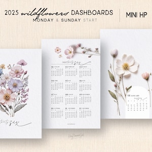 May include: A set of three printable 2025 dashboards with floral designs. The dashboards include a calendar and floral illustrations in pastel colors. The text includes "2025 wildflowers DASHBOARDS" and "PRINTABLE • PDF".