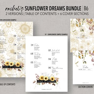 Op de afbeelding: Een digitale, printbare bundel genaamd "Sunflower Dreams" met twee versies, een inhoudsopgave en zes omslagsecties. Het ontwerp bevat zonnebloemillustraties en de tekst "Fillable, Printable, PDF."