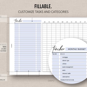 May include: A printable monthly budget tracker with a black and white grid and a section for bills and transportation. The tracker includes a section for listing expenses and a section for tracking income. The text "Tracker" appears in the top left corner of the page.