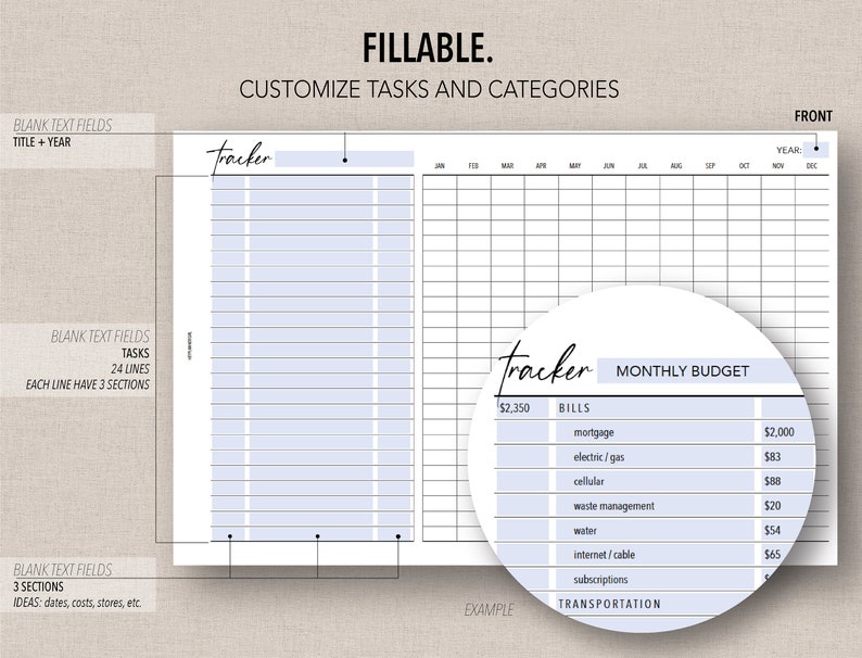 May include: A printable monthly budget tracker with a black and white grid and a section for bills and transportation. The tracker includes a section for listing expenses and a section for tracking income. The text "Tracker" appears in the top left corner of the page.