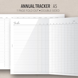 May include: A printable A5 annual tracker with a fold-out design. The front side features a calendar grid for each month of the year. The back side has a blank lined section for notes and a grid for tracking throughout the year.