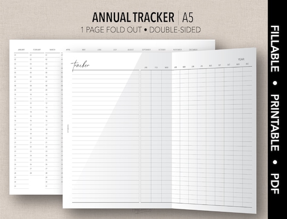 A5 *FILLABLE* ANNUAL Tracker Fold Out Insert | Fillable & Printable | Minimal Insert