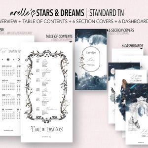Può includere: Un insieme di pagine di pianificazione stampabili a tema celeste. Le pagine includono una panoramica annuale, un sommario, copertine di sezione e dashboard. Il design presenta un cielo stellato, lune ed elementi floreali decorativi.