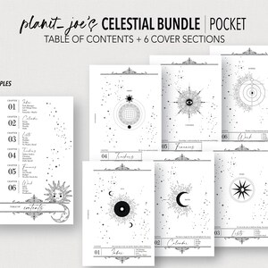 May include: A black and white printable planner bundle with a celestial theme. The cover pages feature different celestial symbols, including a sun, moon, stars, and an eye. The table of contents includes chapters for index, calendar, earth, tracking, finances, and work.