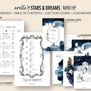 Op de afbeelding: Een printbare plannerset met een hemels thema. De set bevat een jaaroverzicht, een inhoudsopgave, zes sectiekaften en zes dashboards. De afbeeldingen tonen een donkerblauwe aquarel achtergrond met sterren en een maan.