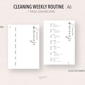 May include: A printable cleaning checklist in A6 size, with a blank template and a filled-out example. The checklist includes daily, weekly, and weekend cleaning tasks for different areas of the house, such as the kitchen, bathroom, and living room.