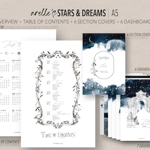 Puede incluir: Un planificador imprimible con un tema celestial. La portada presenta un fondo de acuarela azul oscuro con estrellas y una luna creciente. El planificador incluye una descripción general del año, una tabla de contenido, seis cubiertas de sección y seis tableros. El texto "Stars & Dreams" está escrito en una fuente decorativa.