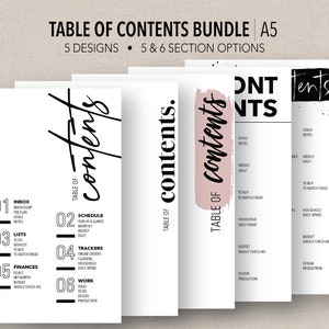 May include: A set of five printable table of contents pages for a planner or notebook. The pages feature different designs with black and white text and a pink brush stroke. The text includes "Table of Contents" and section titles like "Inbox", "Schedule", "Lists", "Trackers", "Finances", and "Work".