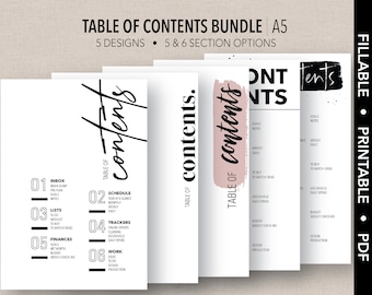 May include: A set of five printable table of contents pages for a planner or notebook. The pages feature different designs with black and white text and a pink brush stroke. The text includes "Table of Contents" and section titles like "Inbox", "Schedule", "Lists", "Trackers", "Finances", and "Work".