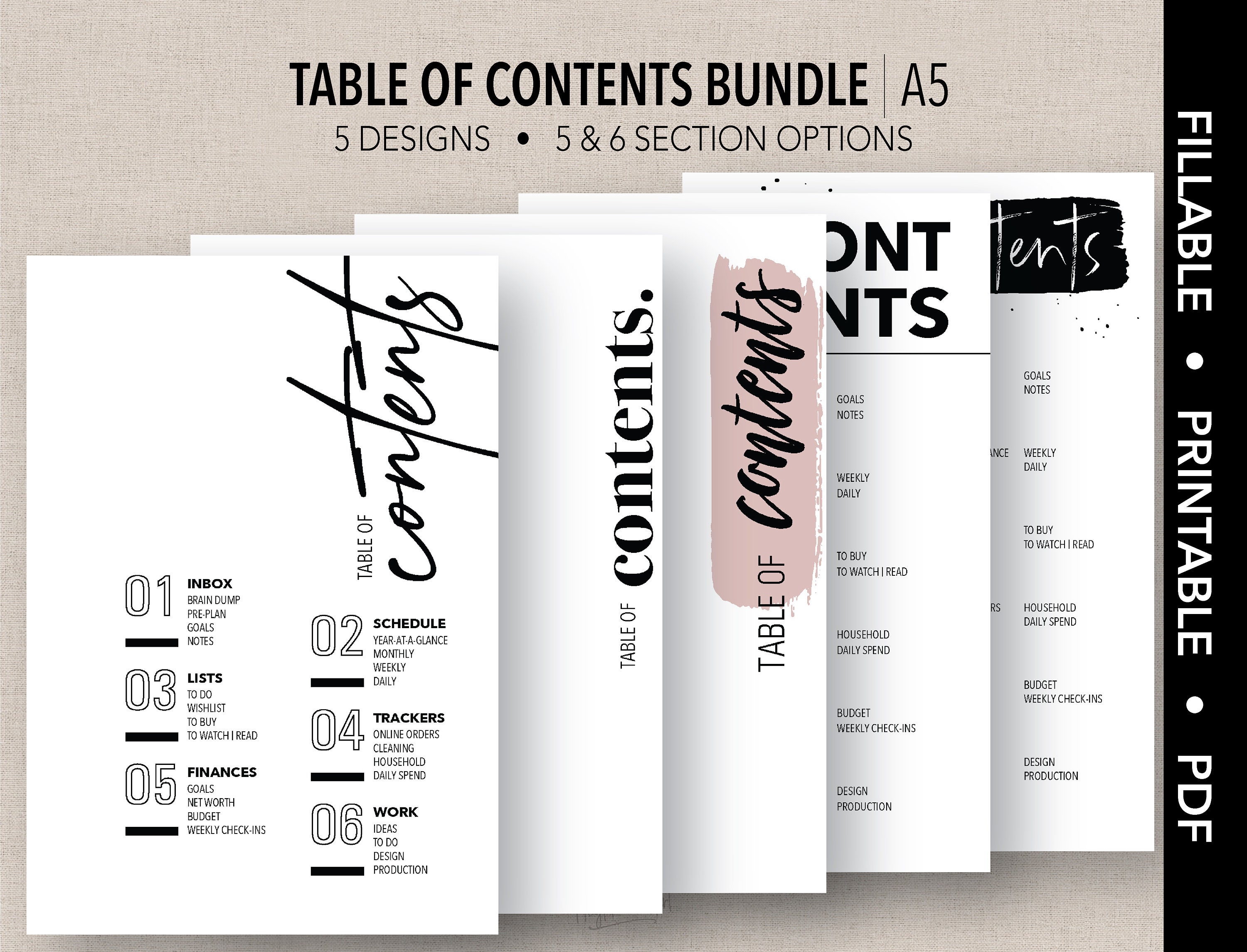 A5 Fillable Table Of Contents Bundle Fillable Printable Etsy