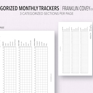May include: A printable monthly tracker with three categorised sections per page. The sections are labelled "Health", "Self Care", and "Social Media". The tracker is designed for March 2021 and includes a grid of 30 days with spaces for daily entries.