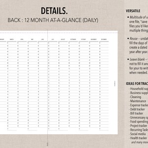 May include: A printable 12-month calendar planner with daily boxes for tracking. The calendar is undated and can be used for a variety of purposes, such as tracking household supplies, business expenses, or personal goals. The text "DETAILS. BACK: 12 MONTH AT-A-GLANCE (DAILY)" is at the top of the page. The text "VERSATILE" is at the top right of the page. The text "IDEAS FOR TRACKING" is at the bottom right of the page.