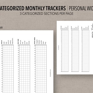 Può includere: Un tracker mensile stampabile con tre sezioni categorizzate per pagina. Le sezioni sono etichettate "Salute", "Cura di sé" e "Social media". Il tracker è progettato per marzo 2021 e include una griglia con i giorni del mese numerati.