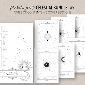May include: A black and white printable planner bundle with a celestial theme. The cover pages feature illustrations of the sun, moon, stars, and other celestial bodies. The table of contents includes chapters for "Jobs", "Calendar", "Lists", "Finances", "Work", and "Wish".