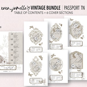 Pode incluir: Um diário de viagem estilo passaporte vintage imprimível com uma tabela de conteúdo e seis seções de capa. As capas apresentam molduras ornamentadas com desenhos florais e borboletas. O texto "xoxo-jomelle's Vintage Bundle | Passport TN" está no topo da imagem.