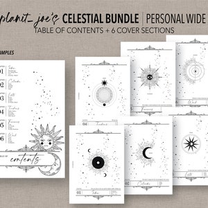 May include: A black and white printable planner with a celestial theme. The cover pages feature illustrations of the sun, moon, stars, and other celestial bodies. The planner includes a table of contents and six cover sections.