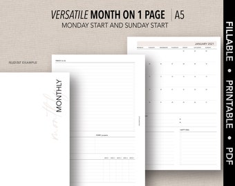 May include: A printable A5 monthly planner template with a calendar grid, notes sections, and a "My Monthly" title. The template is designed for both Monday and Sunday start weeks.