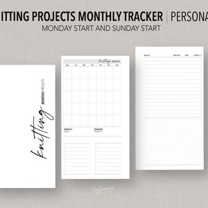 May include: Printable knitting project tracker with a monthly calendar, goal setting section, and finished projects list. The tracker also includes a lined section and a dotted grid section for notes.