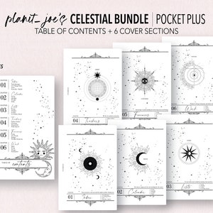 May include: A printable celestial planner bundle with a table of contents and six cover sections. The covers feature celestial symbols like a sun, moon, and stars.