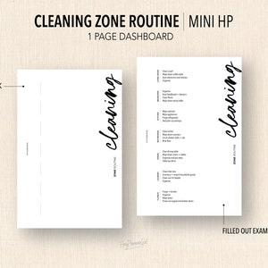 May include: Two white printable planner pages with the text "CLEANING ZONE ROUTINE" and "MINI HP". One page is blank, the other is filled out with cleaning tasks. The word "cleaning" is written in cursive.
