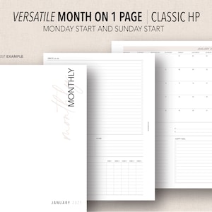 May include: A printable monthly planner template with a calendar grid and space for notes. The template is designed for both Monday and Sunday start weeks. The text "VERSATILE MONTH ON 1 PAGE CLASSIC HP MONDAY START AND SUNDAY START" is at the top of the page. The text "JANUARY 2021" is at the bottom of the page.