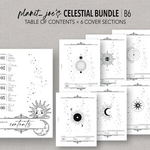 May include: A printable celestial themed planner bundle with a table of contents and six cover options. The covers feature celestial symbols like the sun, moon, and stars.