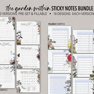 May include: A set of printable sticky notes with a garden theme. The notes feature floral illustrations and a variety of organizational labels, including "To Do", "To Buy", "Order Tracker", "Inbox", "Weekly Tracker", and "Monthly Tracker". The notes are available in two versions: pre-set and fillable.