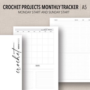 May include: Printable crochet project tracker in A5 size. The tracker includes a monthly calendar, a section for project details, and a grid for notes. The tracker is designed for both Monday and Sunday start weeks.