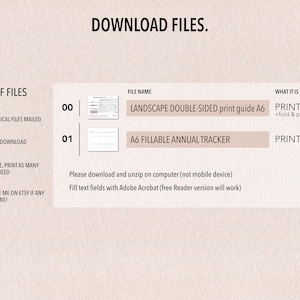 Pu&ograve; includere: Due file PDF stampabili per un tracker annuale A6. Il primo file &egrave; una guida di stampa fronte-retro in formato orizzontale con istruzioni per piegare e stampare. Il secondo file &egrave; un tracker annuale A6 stampabile.