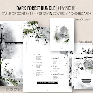 May include: A printable planner bundle with a dark forest theme. The cover features a watercolor illustration of a moon and trees. The table of contents includes sections for inbox, schedule, trackers, lists, finances, and miscellaneous. The bundle includes 6 section covers and 7 dashboards.