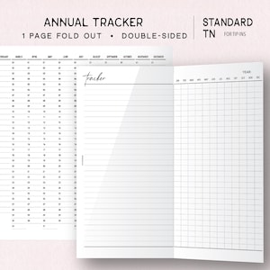 May include: A double-sided, printable annual tracker with a grid layout for tracking dates and events. The text "ANNUAL TRACKER" and "STANDARD TN FOR TIP-INS" are visible. The tracker is designed to be fillable and is available in PDF format.