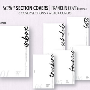 May include: Six printable, fillable PDF covers for a Franklin Covey Compact planner. The covers are white with black text and a torn paper effect. The text on the covers includes "inbox", "trackers", "schedule", "finances", "lists", and "prom".