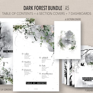 May include: A printable A5 planner bundle with a dark forest theme. The cover features a watercolor illustration of trees and a moon. The bundle includes a table of contents, six section covers, and seven dashboards. The text "FILLABLE PRINTABLE PDF" is visible in the image.
