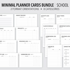 May include: Printable school planner cards in black and white. The cards include categories such as important dates, grade tracker, activity log, daily tasks, class schedule, projects, homework log, and reading log.
