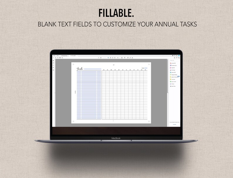 May include: A screenshot of a laptop displaying a blank annual task planner template. The template has a light blue background with black grid lines and text fields for entering tasks. The title of the template is "Tasks".