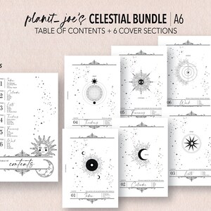 May include: A black and white Celestial Bundle A6 printable PDF. The bundle includes a table of contents and six cover sections. The design features celestial illustrations of the sun, moon, stars, and compasses. The text includes "Table of Contents" and chapter titles.