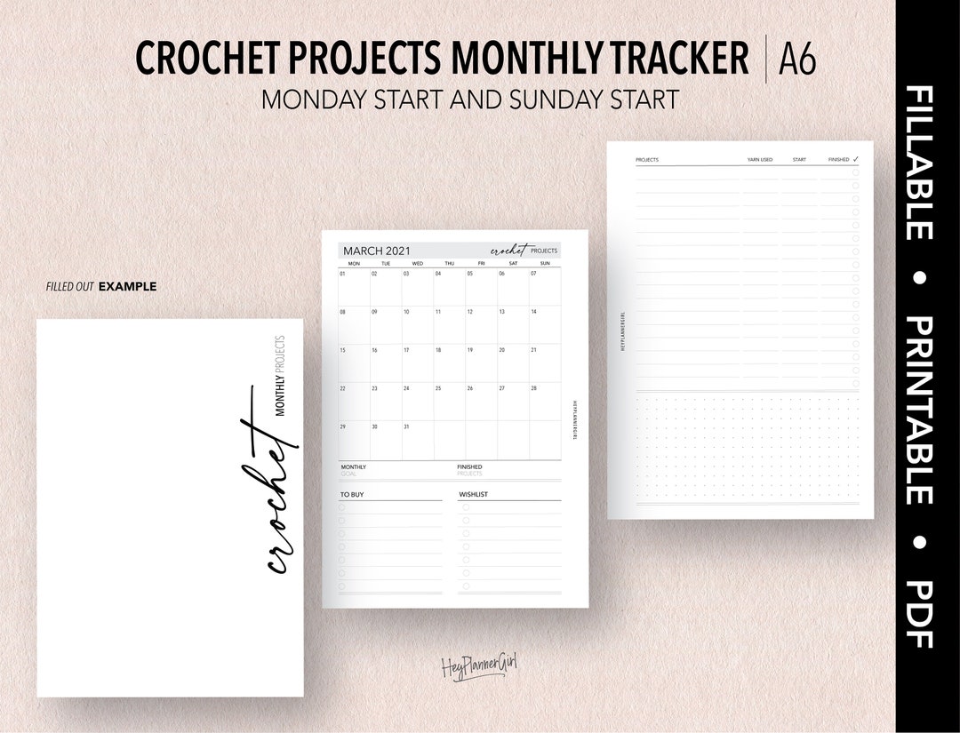 A6 *FILLABLE* CROCHET Projects Monthly Tracker | Fillable &amp; Printable ...